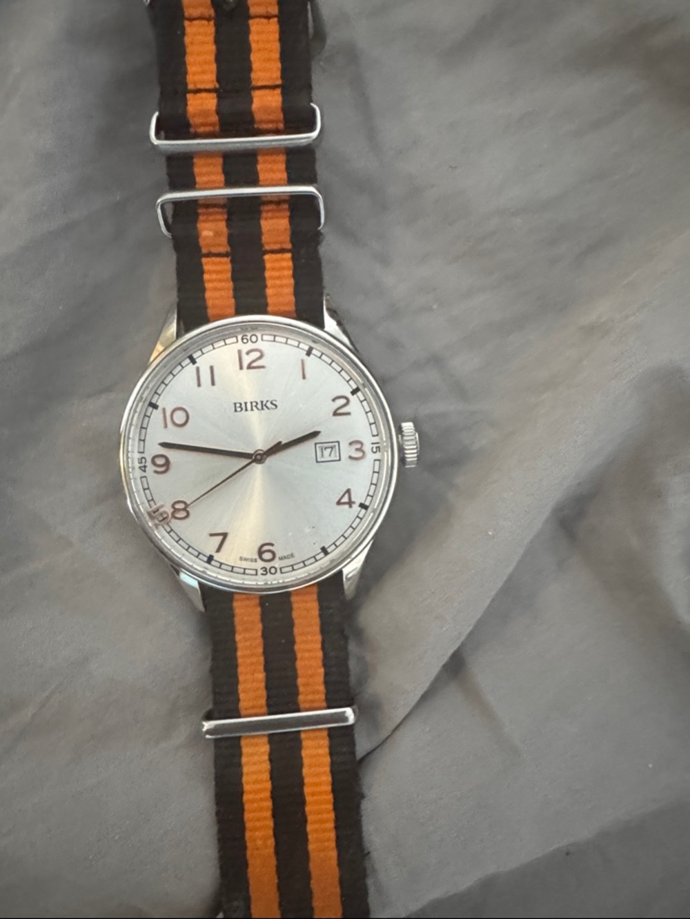 Birks Classic Silver Dial Watch with Black & Orange NATO Strap